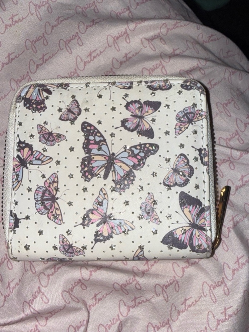 Butterfly Print Zip-Around Wallet - White with Pink Accents